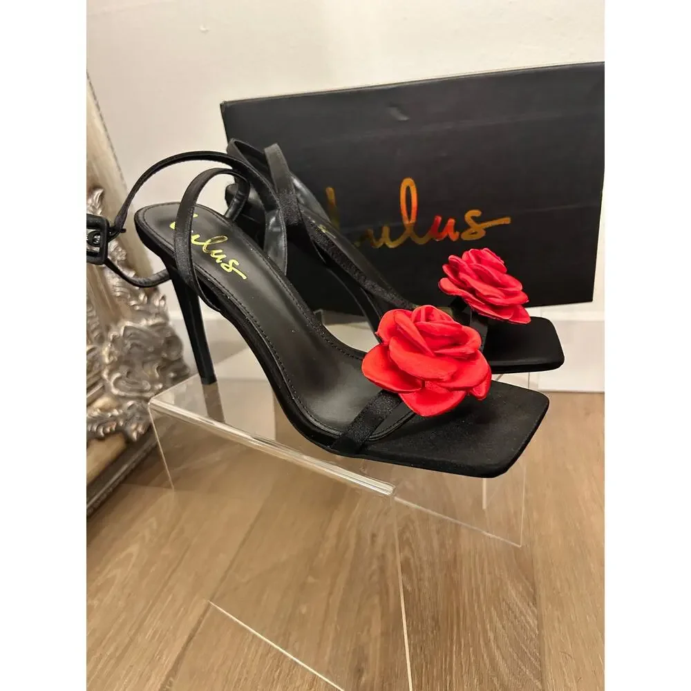 Black Satin Red Rosette Ankle Strap Heels by Lulus Size 7